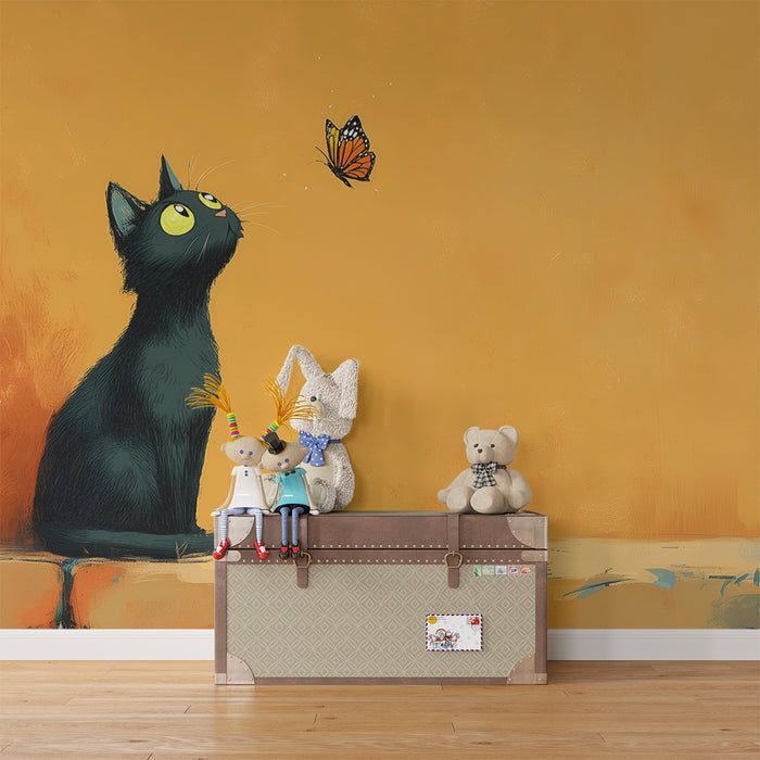 Papier peint chambre enfant | Chat noir et papillon orange