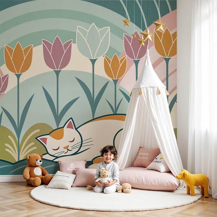 Papier peint chat et tulipes | Scène paisible et colorée