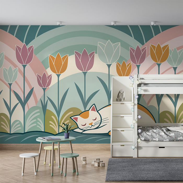 Papier peint chat et tulipes | Scène paisible et colorée