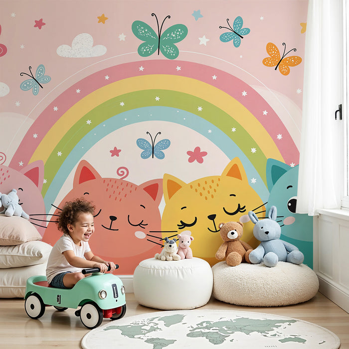 Rainbow cats wallpaper | Cheerful decoration for kids room
