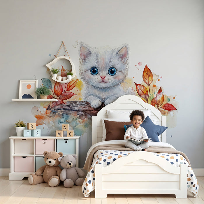 Barntapet | Akvarellkattunge och höstbladverk