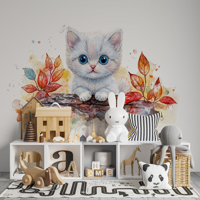 Barntapet | Akvarellkattunge och höstbladverk