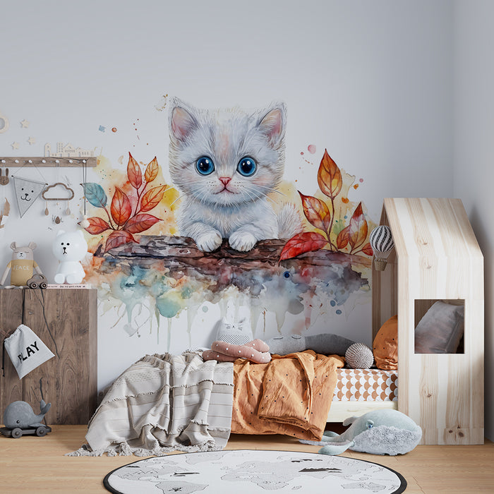 Barntapet | Akvarellkattunge och höstbladverk