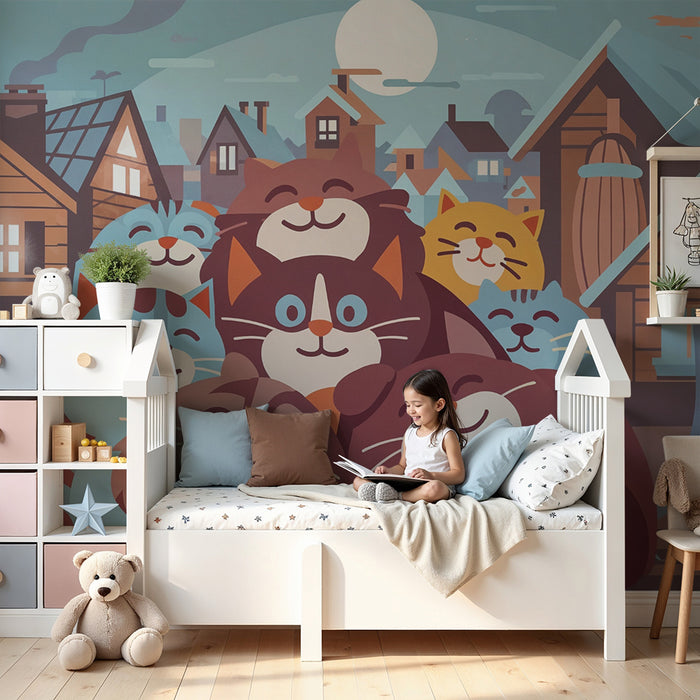 Papier peint chambre enfant | Chats joyeux dans un village