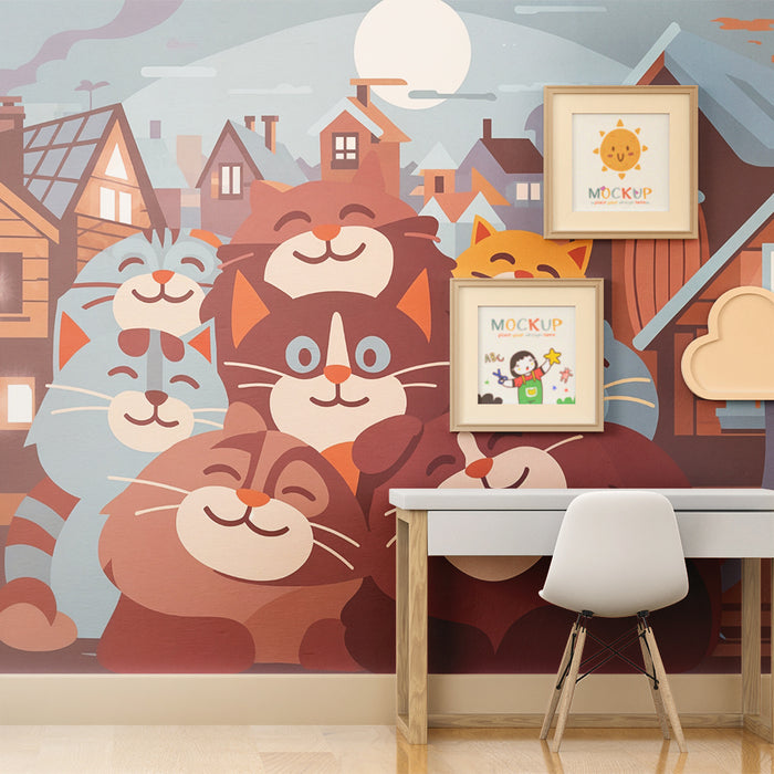 Papier peint chambre enfant | Chats joyeux dans un village