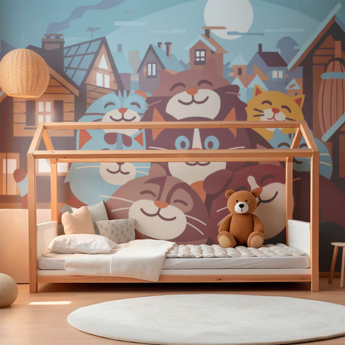 Papier peint chambre enfant | Chats joyeux dans un village
