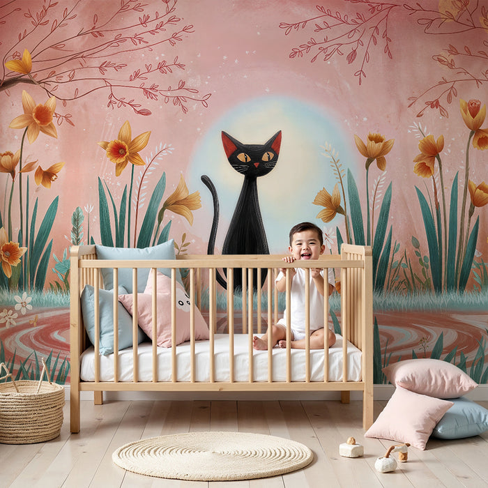 Papier peint chambre enfant | Chat mystérieux et fleurs bohèmes