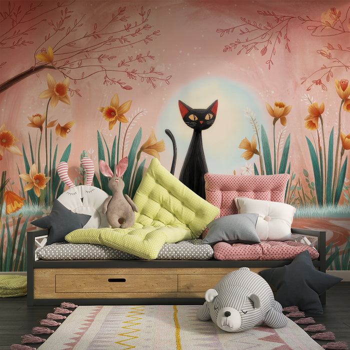Papier peint chambre enfant | Chat mystérieux et fleurs bohèmes