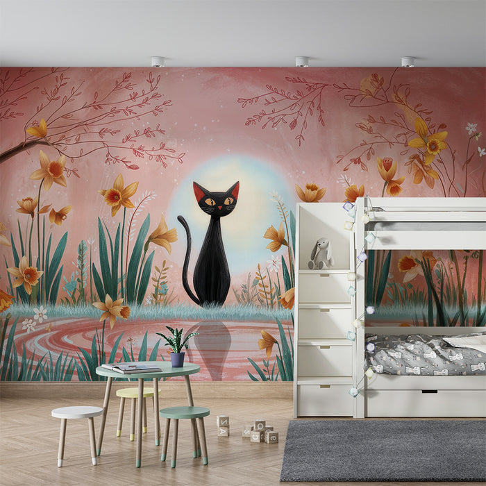 Papier peint chambre enfant | Chat mystérieux et fleurs bohèmes