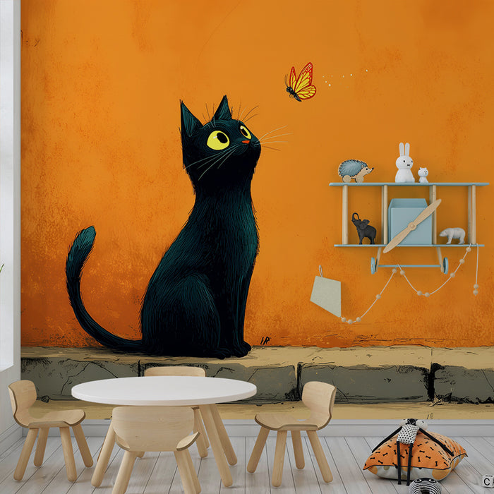 Papier peint chambre enfant | Chat noir et papillon sur fond orange