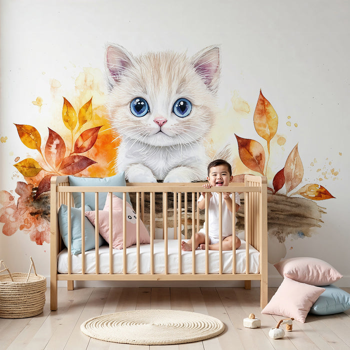 Barntapet | Kattunge akvarell och höstblad