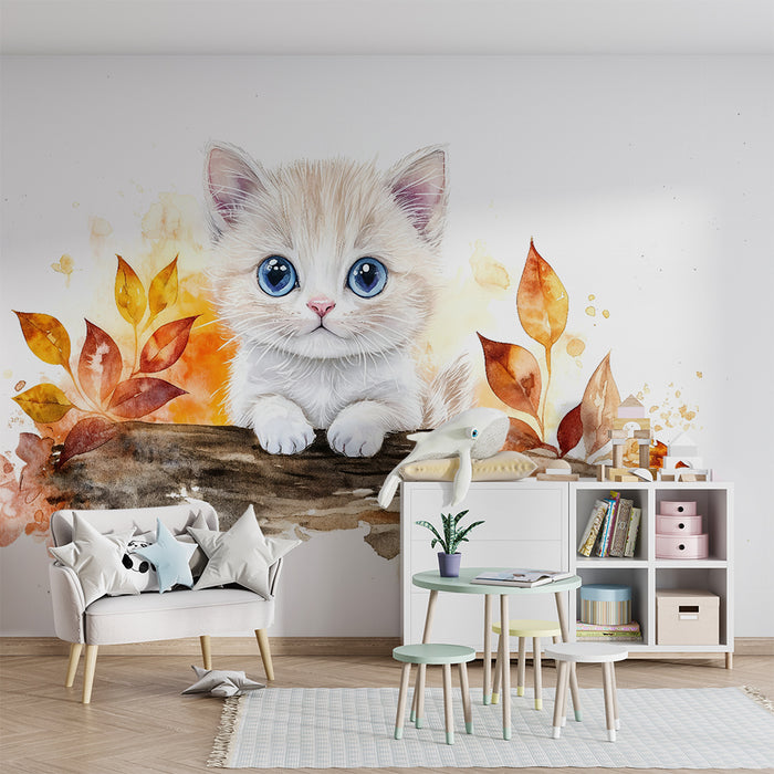Barntapet | Kattunge akvarell och höstblad