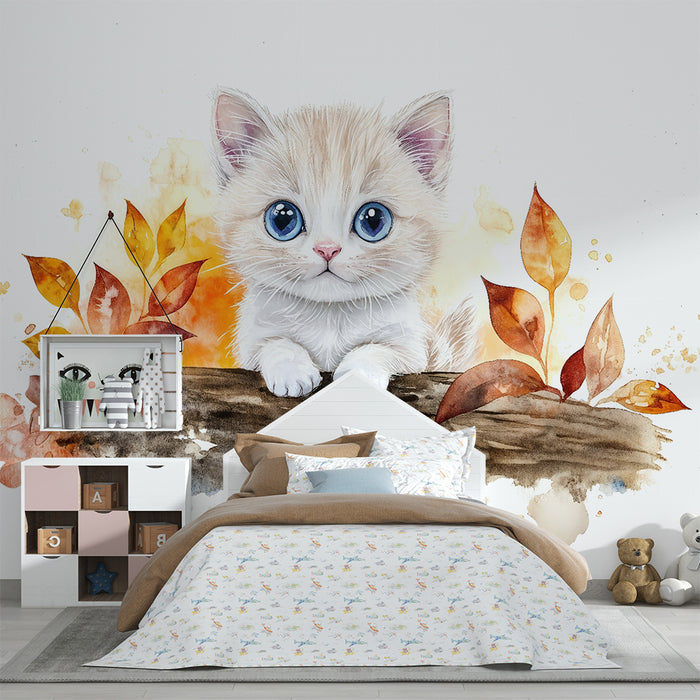 Barntapet | Kattunge akvarell och höstblad