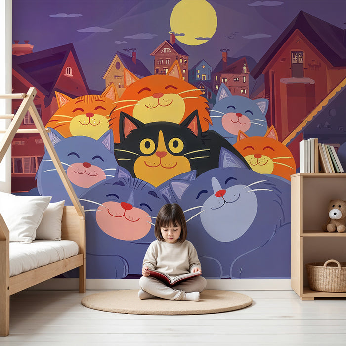 Papier peint chambre enfant | Chats joyeux sous la lune