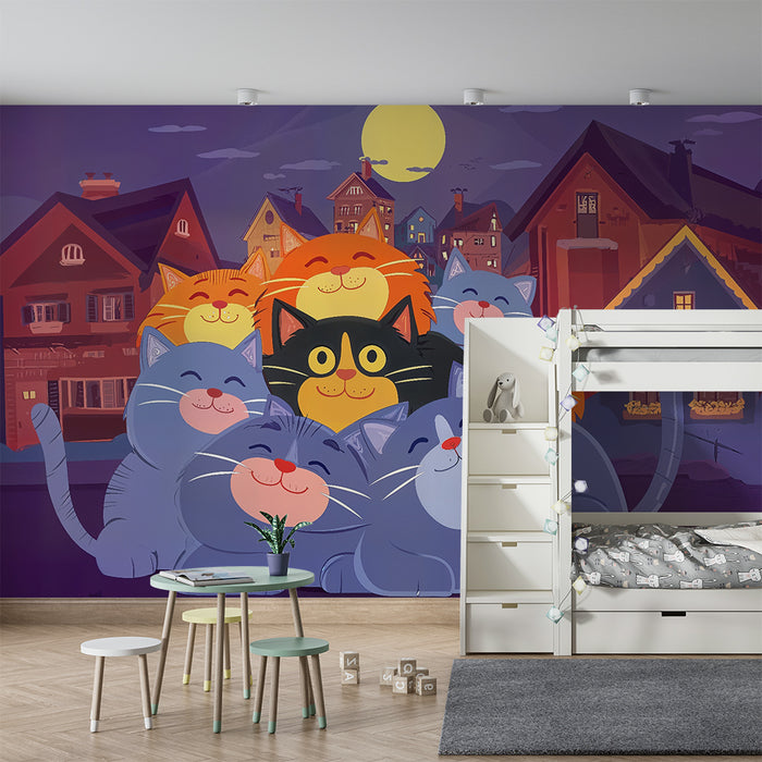 Papier peint chambre enfant | Chats joyeux sous la lune