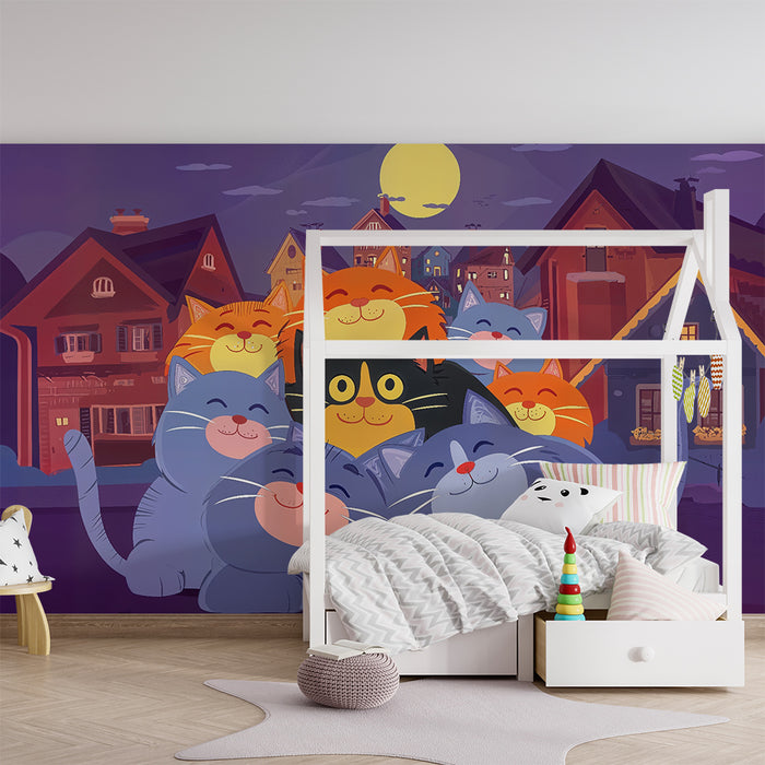 Papier peint chambre enfant | Chats joyeux sous la lune