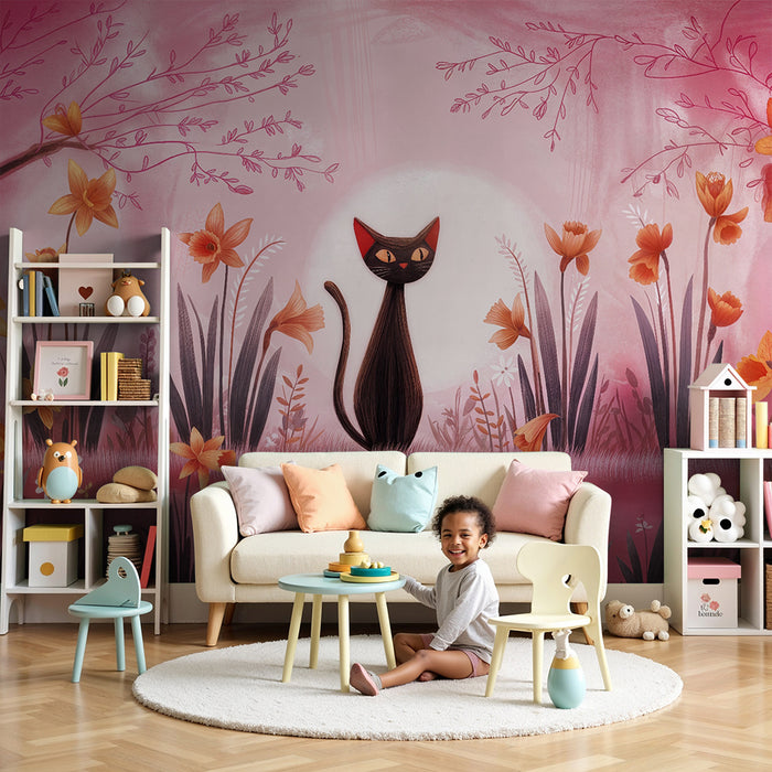 Papier peint chambre enfant | Chat mystique et fleurs printanières