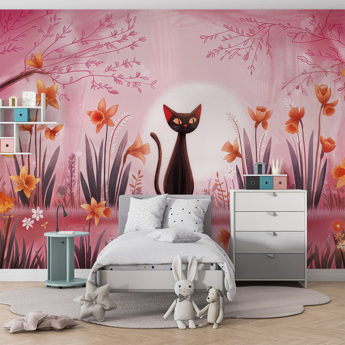 Papier peint chambre enfant | Chat mystique et fleurs printanières
