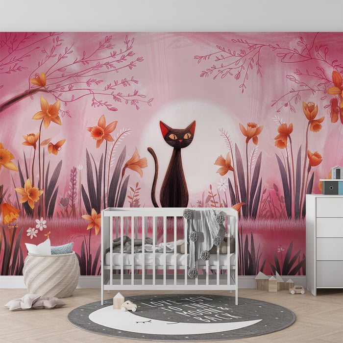 Papier peint chambre enfant | Chat mystique et fleurs printanières
