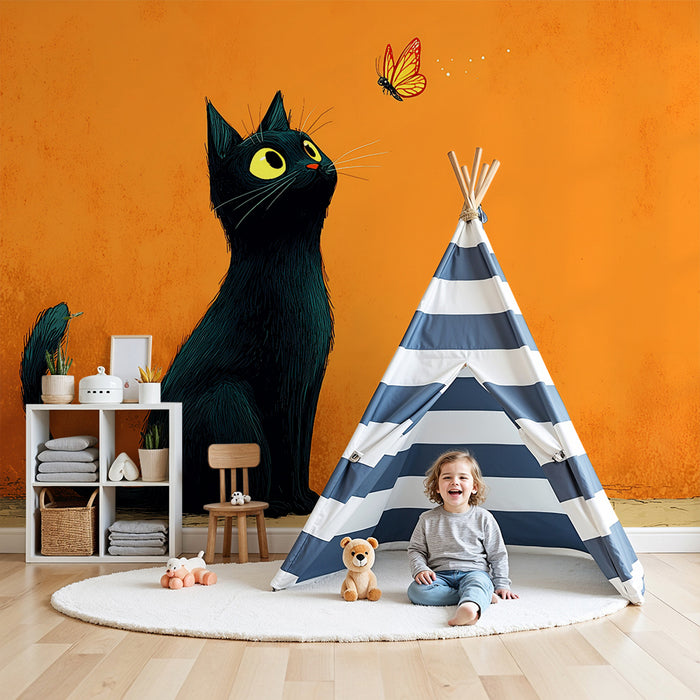 Barntapet | Svart katt och glada fjärilar