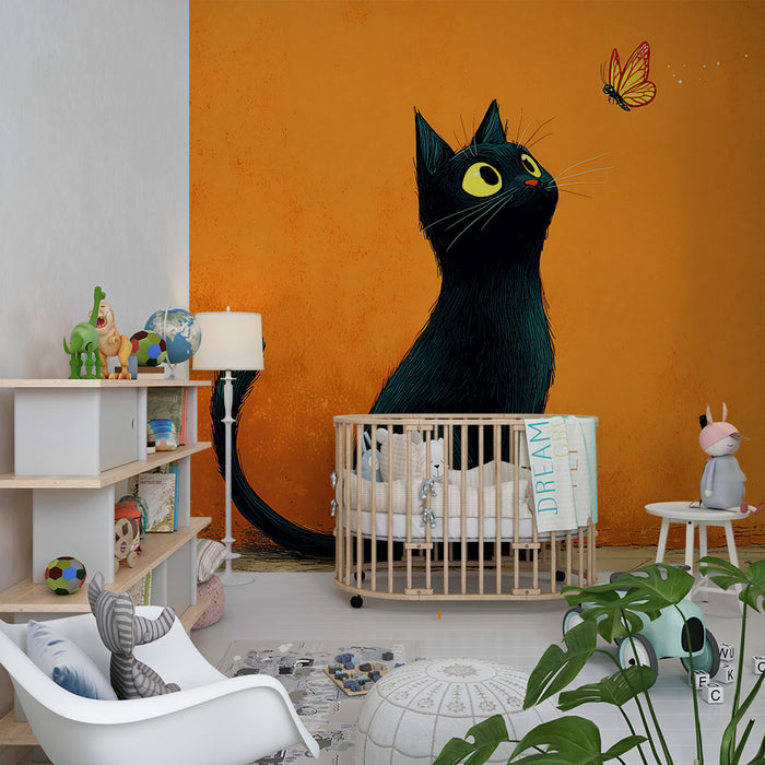 Barntapet | Svart katt och glada fjärilar