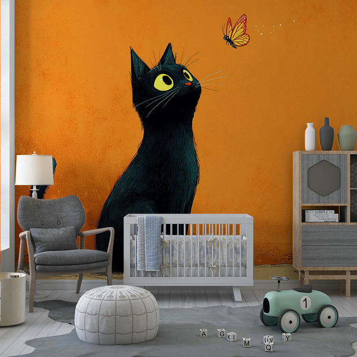 Barntapet | Svart katt och glada fjärilar