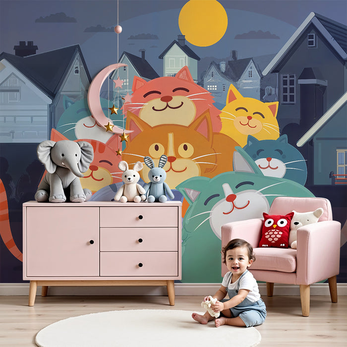 Papier peint chambre enfant | Chats câlins et maisons de nuit