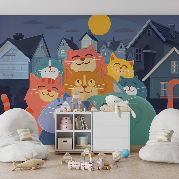 Papier peint chambre enfant | Chats câlins et maisons de nuit