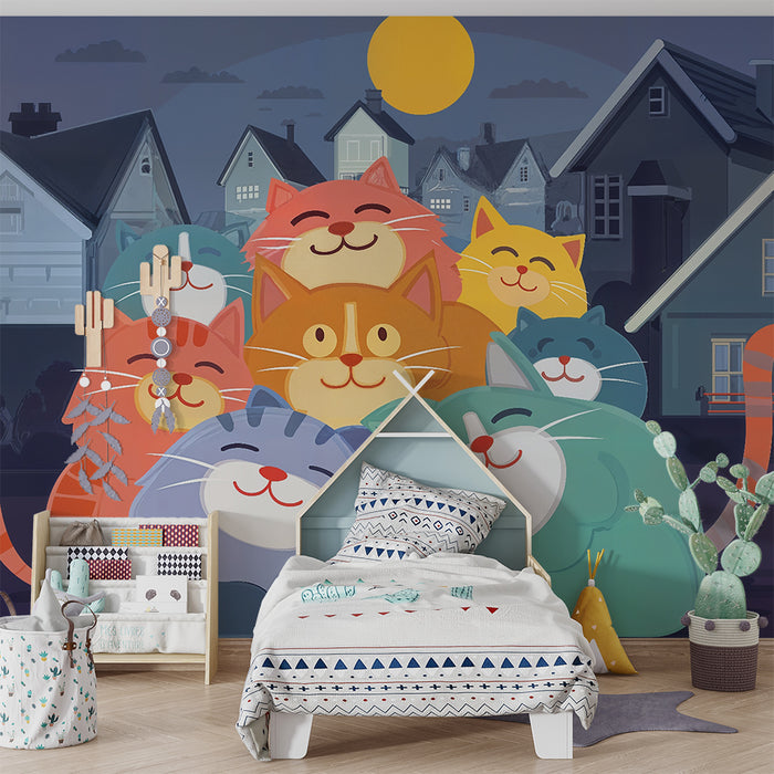 Papier peint chambre enfant | Chats câlins et maisons de nuit