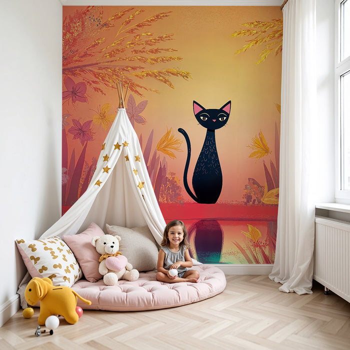 Χαρτί τοίχου παιδικό δωμάτιο | Μυστηριώδης γάτα και πολύχρωμος κήπος