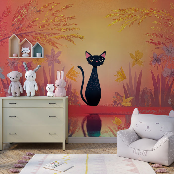 Χαρτί τοίχου παιδικό δωμάτιο | Μυστηριώδης γάτα και πολύχρωμος κήπος