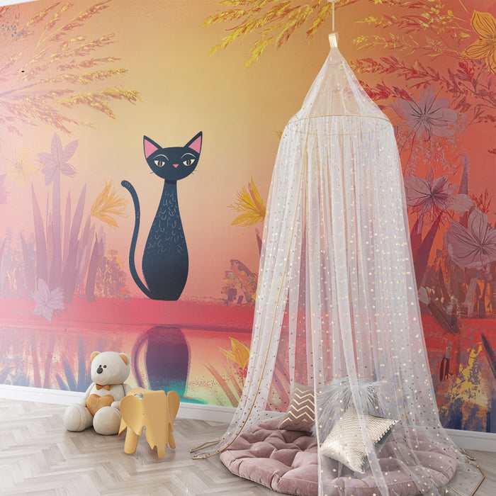 Χαρτί τοίχου παιδικό δωμάτιο | Μυστηριώδης γάτα και πολύχρωμος κήπος