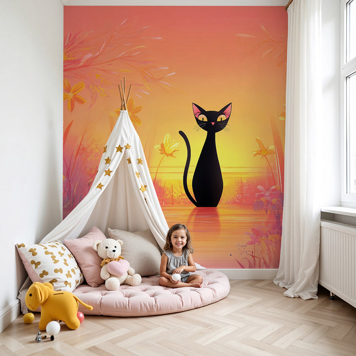 Lastenhuoneen tapetti | Musta kissa ja värikkäät kukat auringonlaskussa