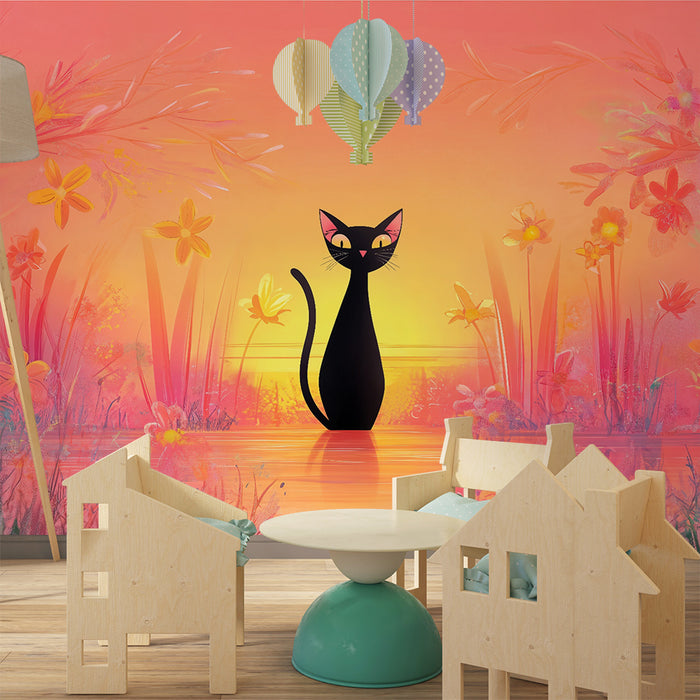 Lastenhuoneen tapetti | Musta kissa ja värikkäät kukat auringonlaskussa