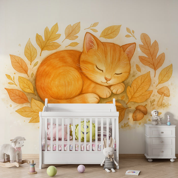 Papel pintado de gatito otoñal | Ilustración de un gatito rodeado de hojas