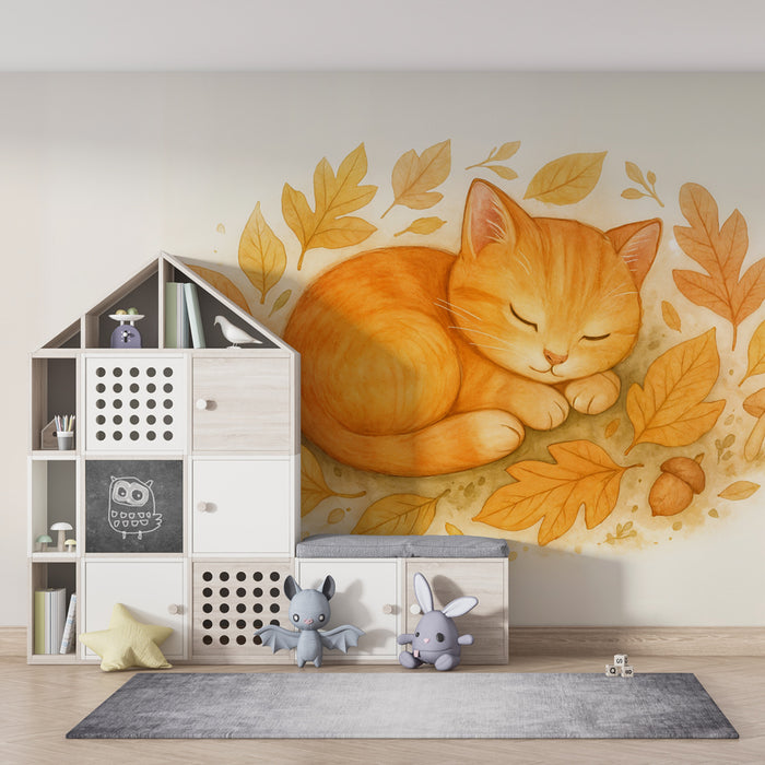 Papel pintado de gatito otoñal | Ilustración de un gatito rodeado de hojas