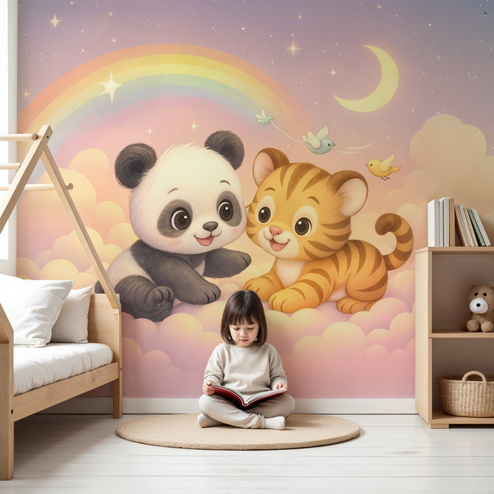 Papier peint animaux | Panda et tigre sur nuage