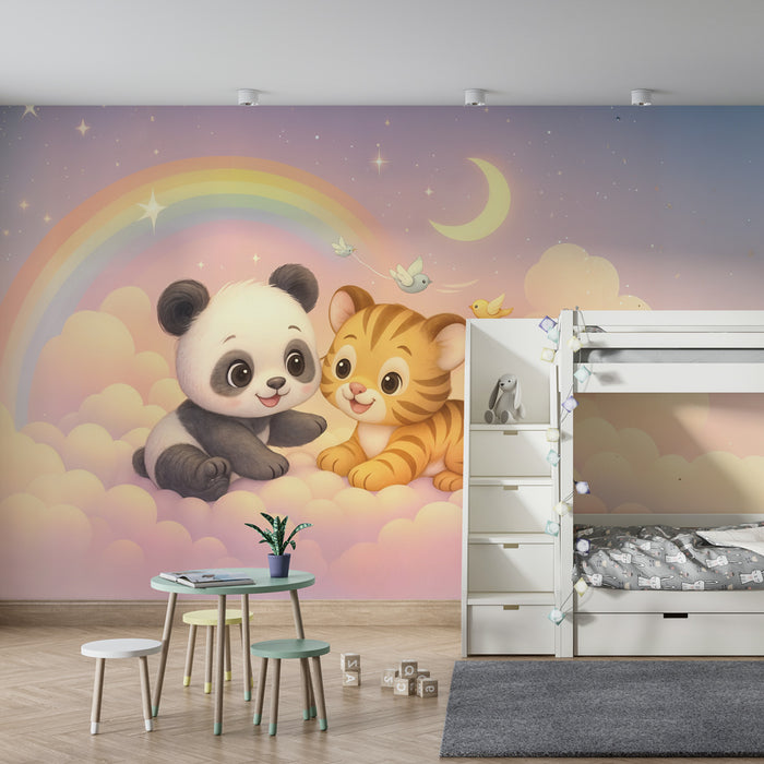 Papier peint animaux | Panda et tigre sur nuage