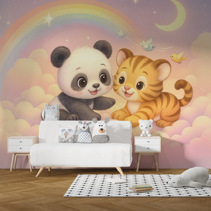 Papier peint animaux | Panda et tigre sur nuage