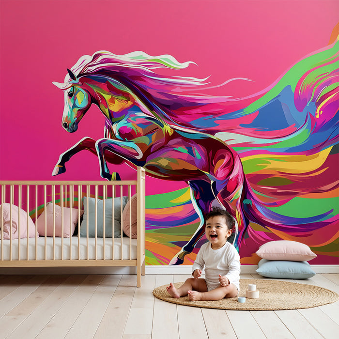 Tapet barnerom | Regnbue hest og fargerike sprut