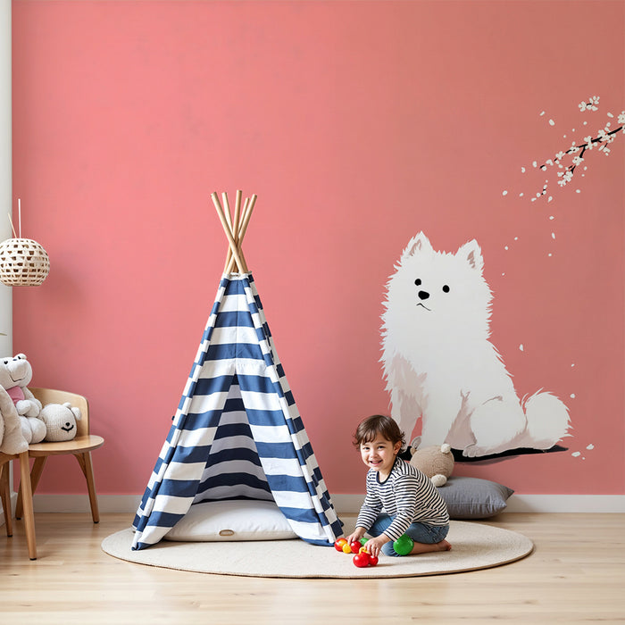 Papier peint chien mignon | Fond rose avec branche de fleurs