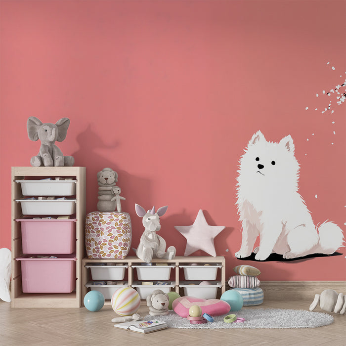 Papier peint chien mignon | Fond rose avec branche de fleurs