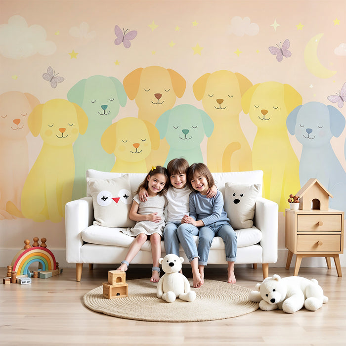 Papier peint Chiots Enchantés | Douceur Pastel et Rêverie