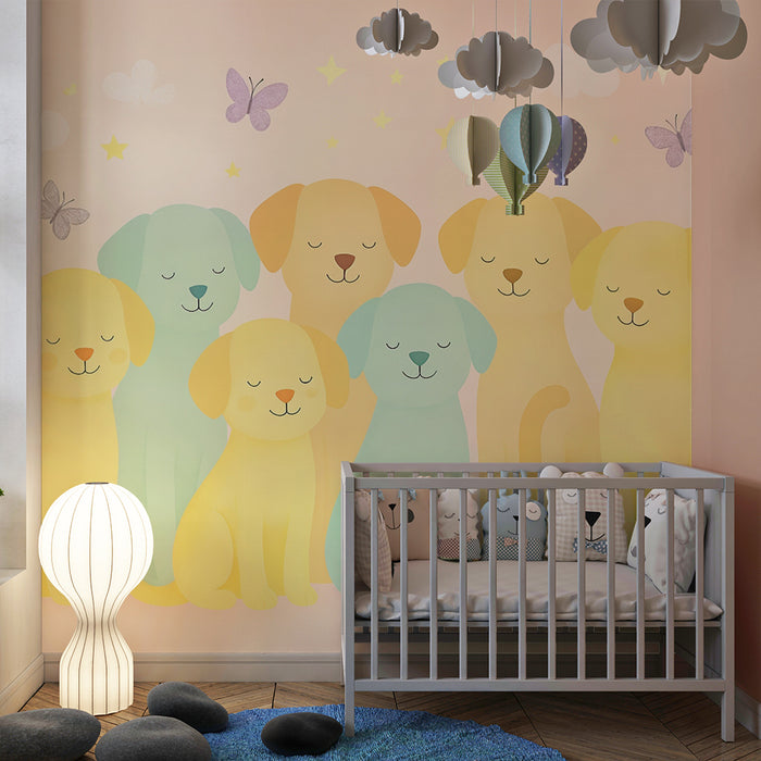 Papier peint Chiots Enchantés | Douceur Pastel et Rêverie