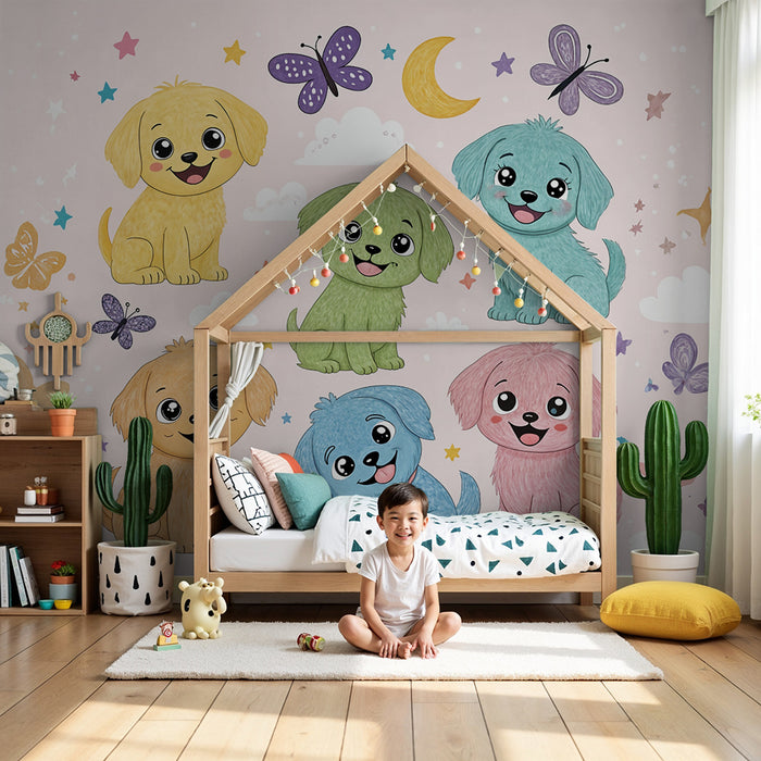 Tapeta s farebnými šteniatkami | Šťastná detská stenová výzdoba