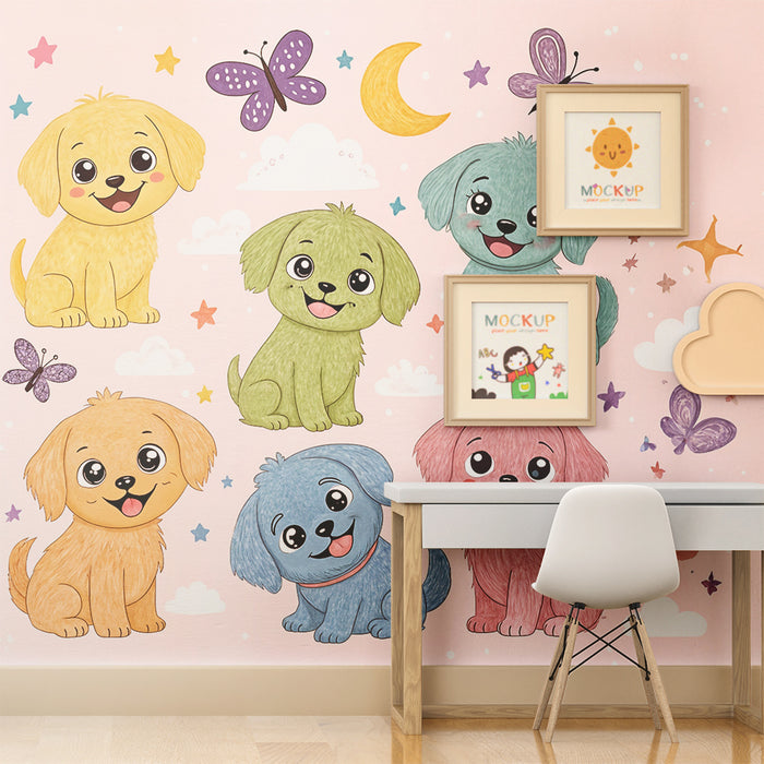 Tapeta s farebnými šteniatkami | Šťastná detská stenová výzdoba