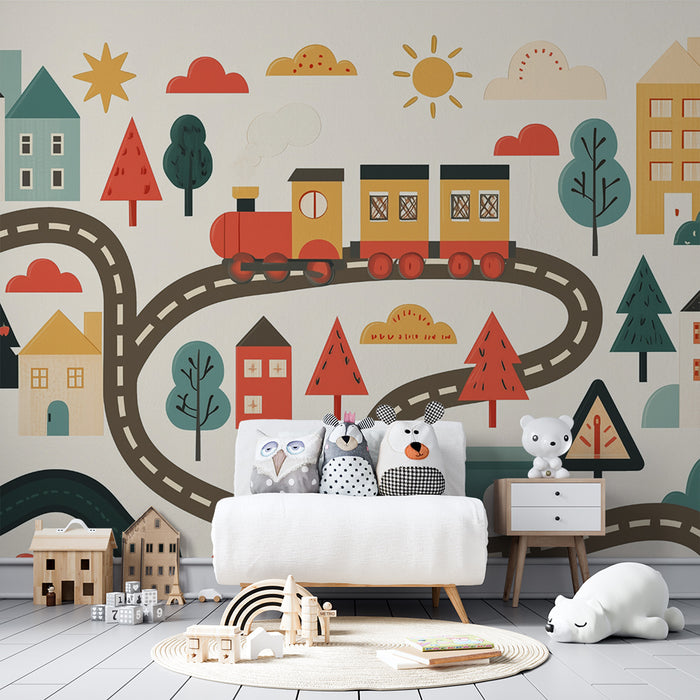 Papel pintado infantil | Pueblo encantado y tren colorido