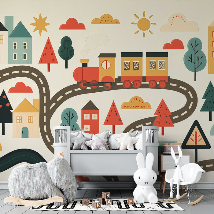 Papel pintado infantil | Pueblo encantado y tren colorido