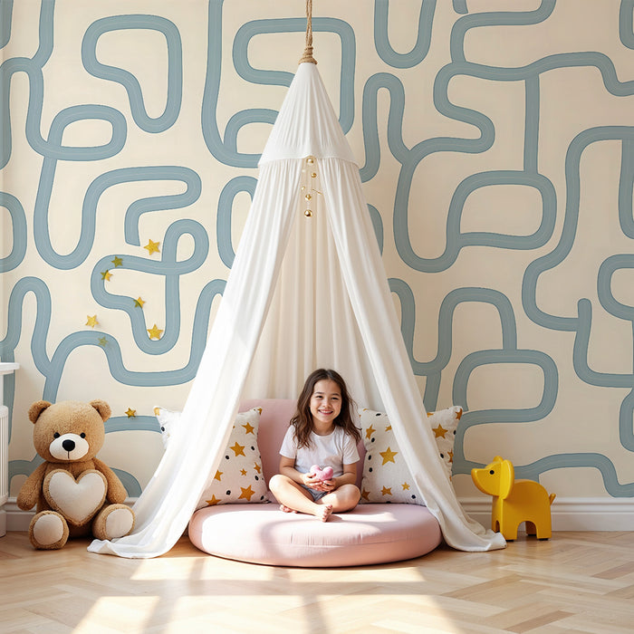 Carta da parati bambini | Motivo labirinto blu e beige