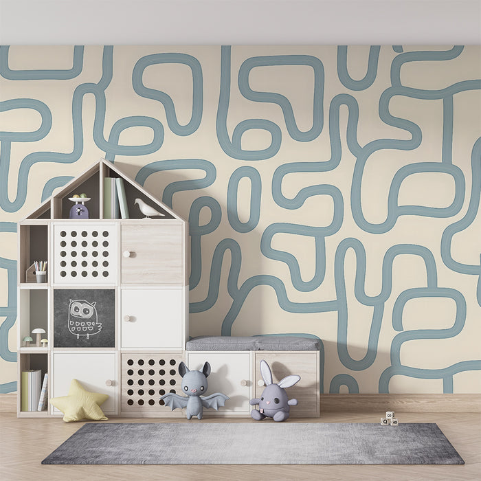 Carta da parati bambini | Motivo labirinto blu e beige